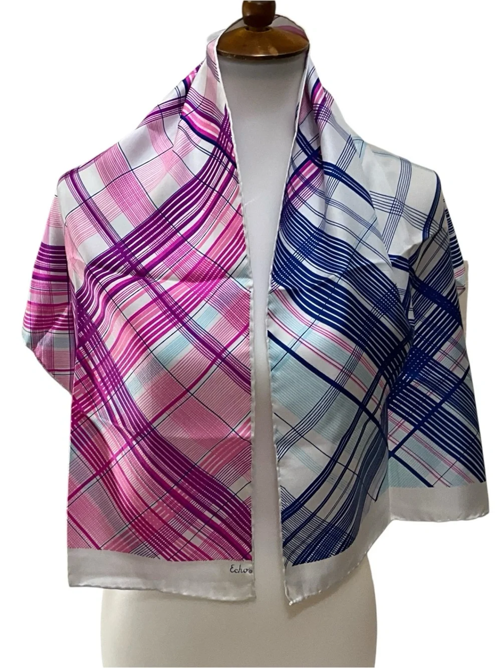 Echo Pink Navy White Plaid Oblong Scarf Fringe Preppy Classic 46” X 15”